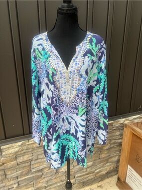Lilly Pulitzer Navy, Aqua & Teal Printed V-Neck Top Sz L NWT